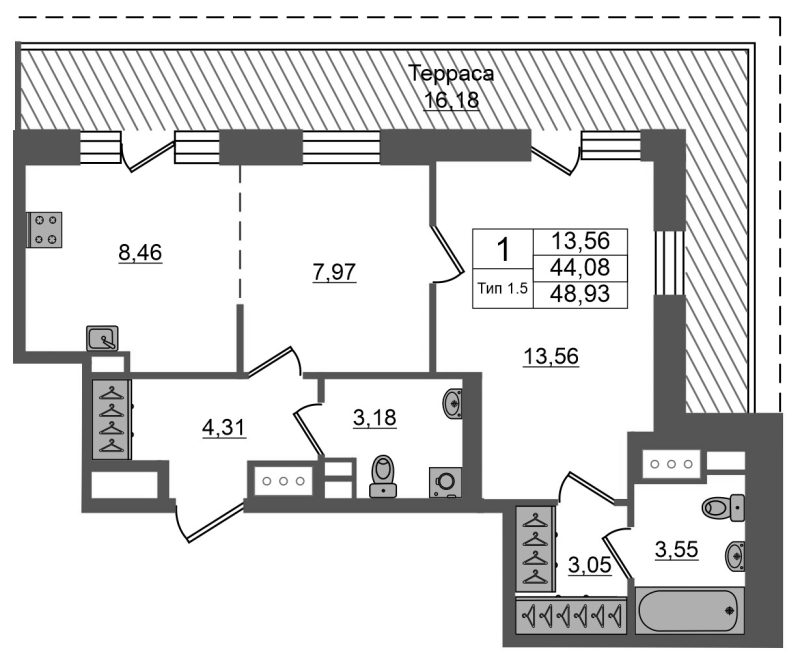 2 ккв (Евро) 44,1 м²