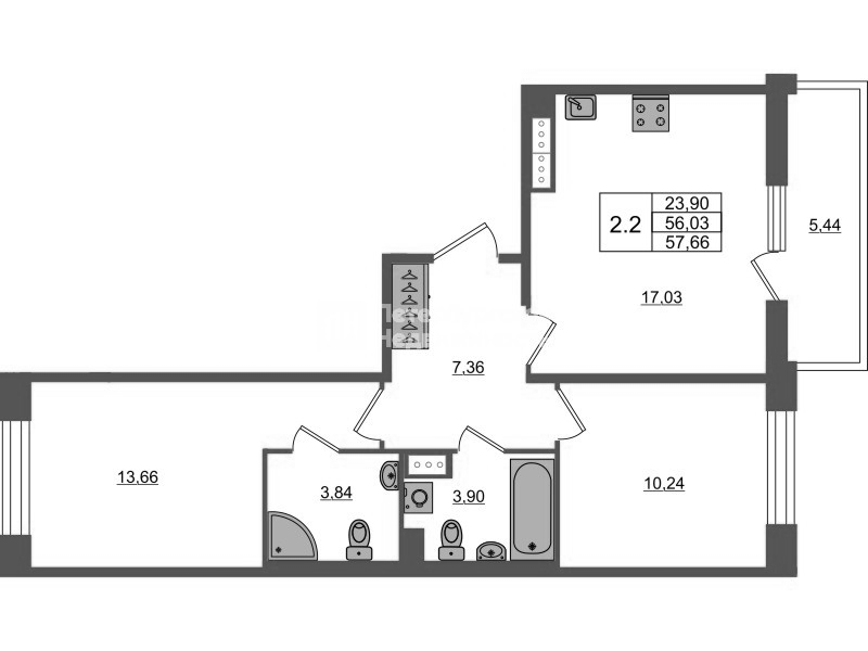 3 ккв (Евро) 56 м²