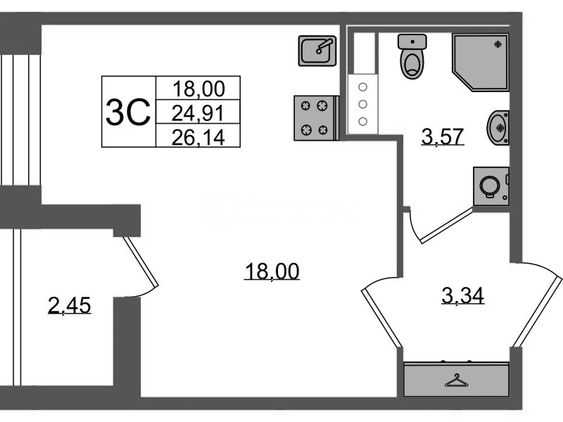 Студия 24,9 м²