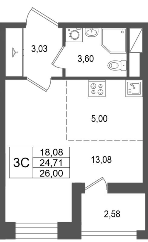 Студия 24,7 м²