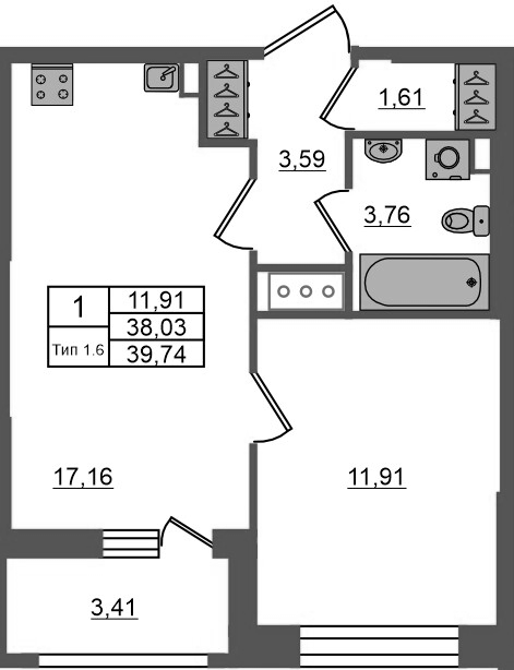 2 ккв (Евро) 38 м²