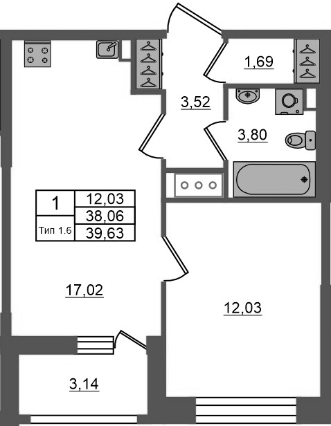 2 ккв (Евро) 38,1 м²