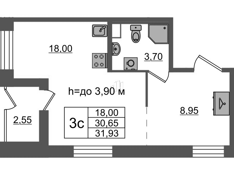 Студия 30,7 м²