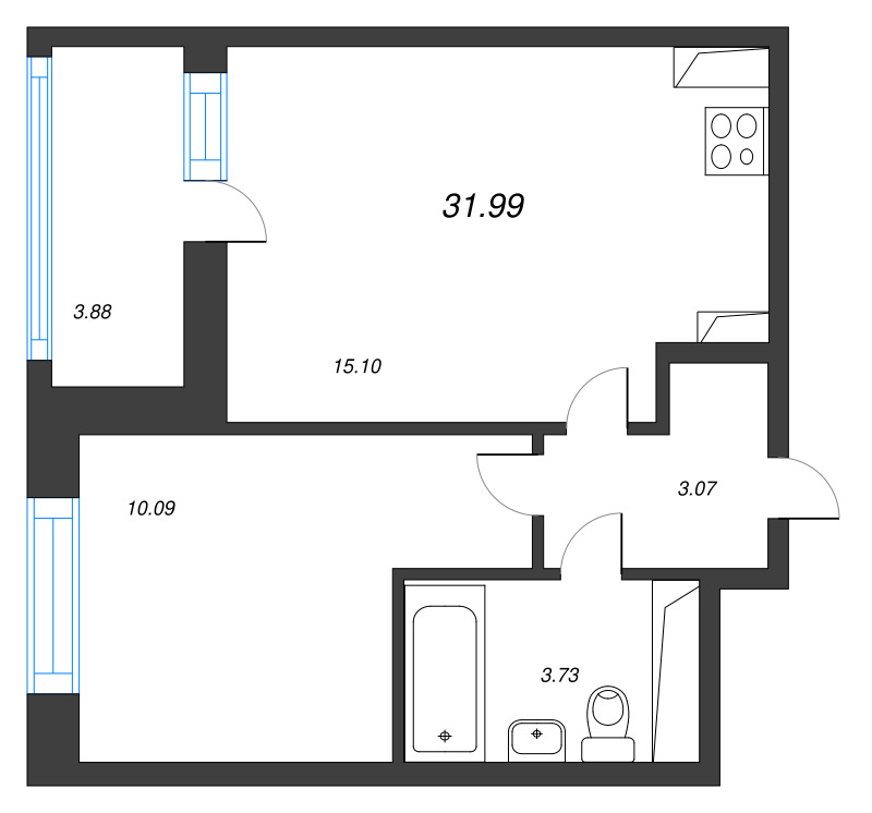 2 ккв (Евро) 32 м²