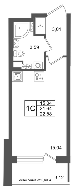 Студия 21,6 м²
