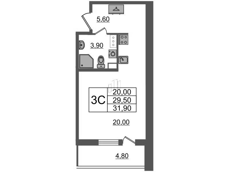 Студия 29,5 м²