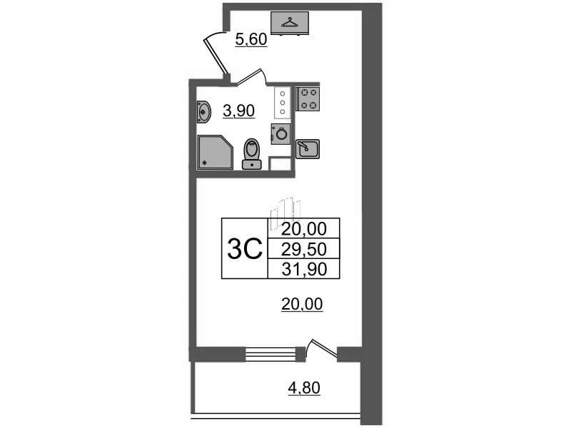Студия 29,5 м²