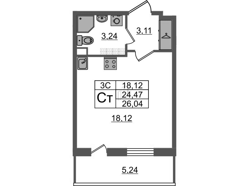 Студия 24,5 м²