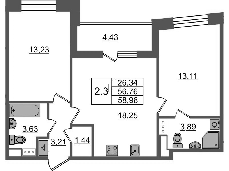 3 ккв (Евро) 56,8 м²