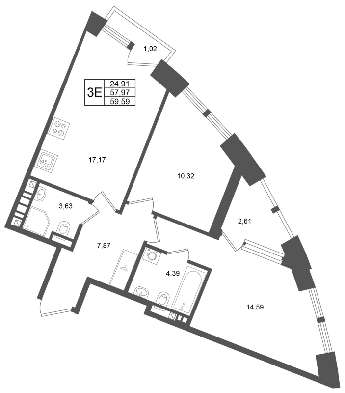3 ккв (Евро) 58 м²