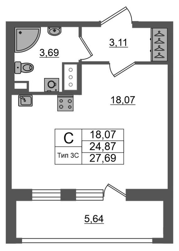 Студия 24,9 м²
