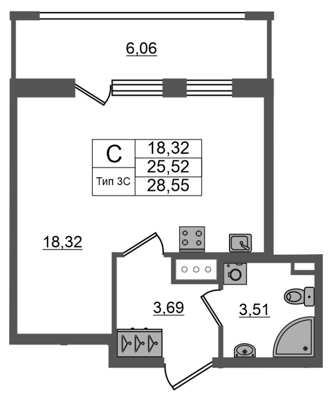Студия 25,5 м²