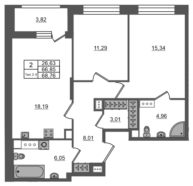 3 ккв (Евро) 66,9 м²
