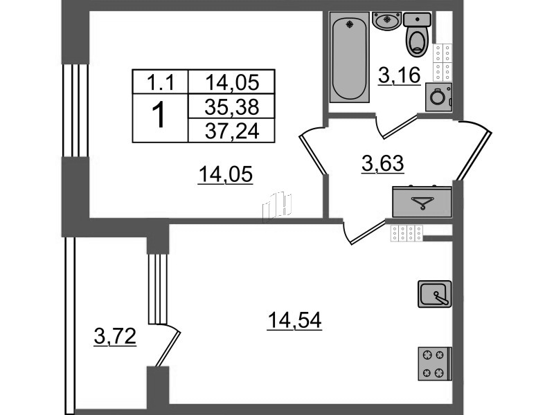 1 ккв 35,4 м²