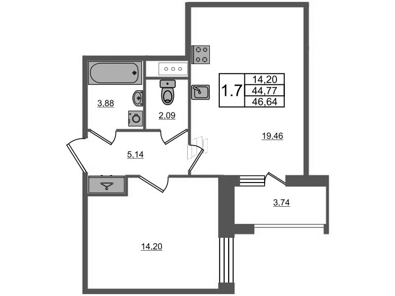 2 ккв (Евро) 43,8 м²