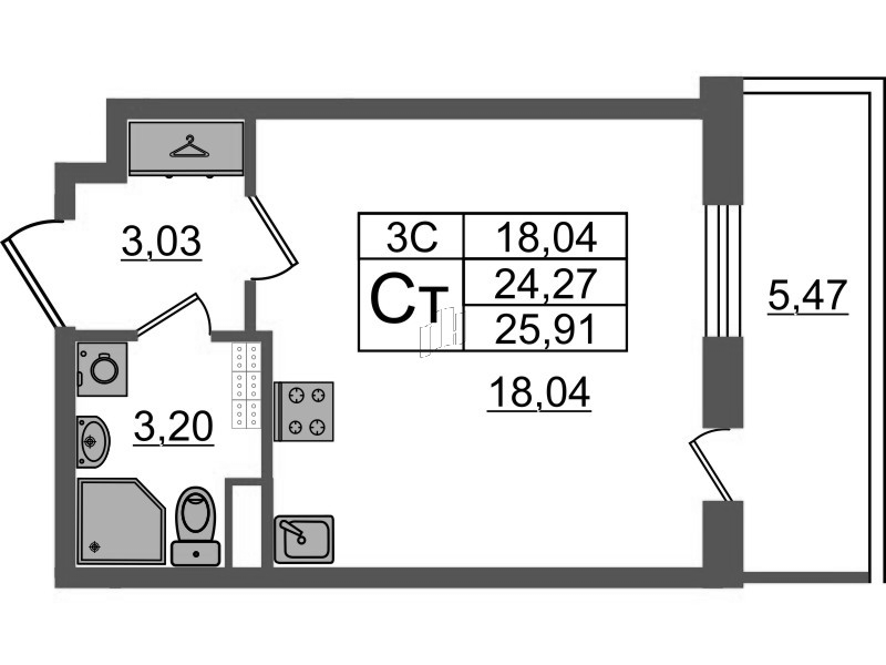 Студия 24,3 м²