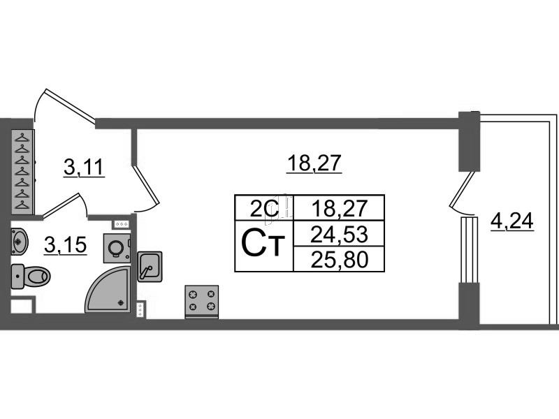 Студия 24,5 м²