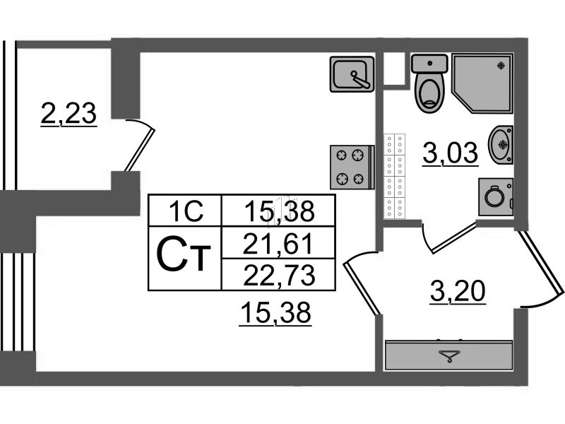 Студия 21,6 м²