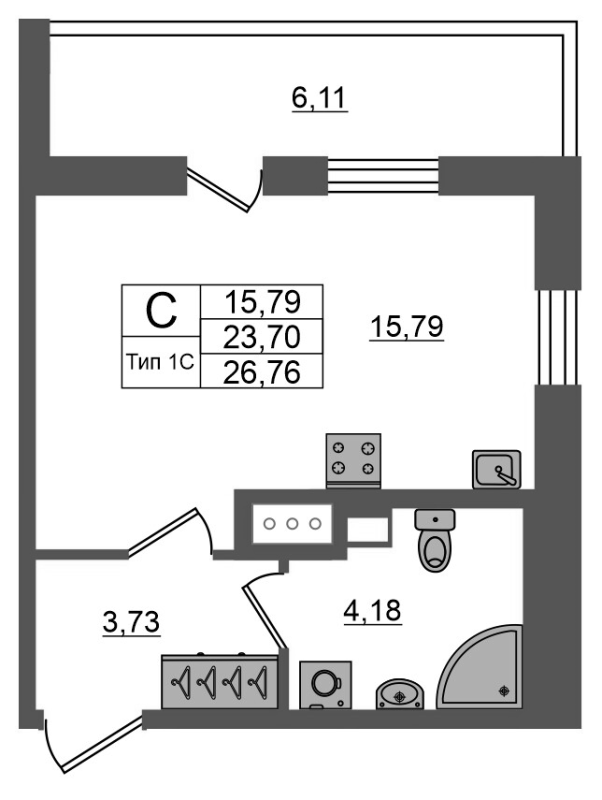 Студия 23,7 м²