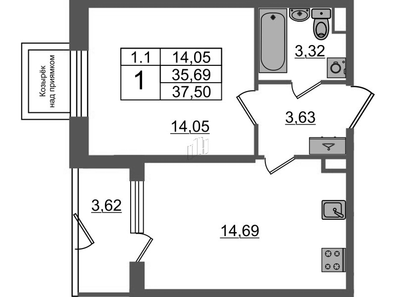 1 ккв 35,7 м²