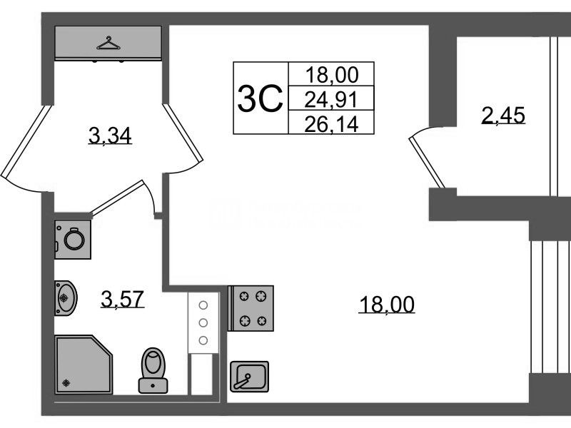 Студия 24,9 м²