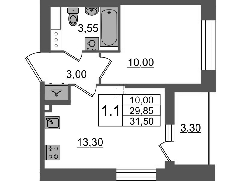 1 ккв 29,9 м²