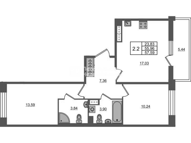 3 ккв (Евро) 56 м²