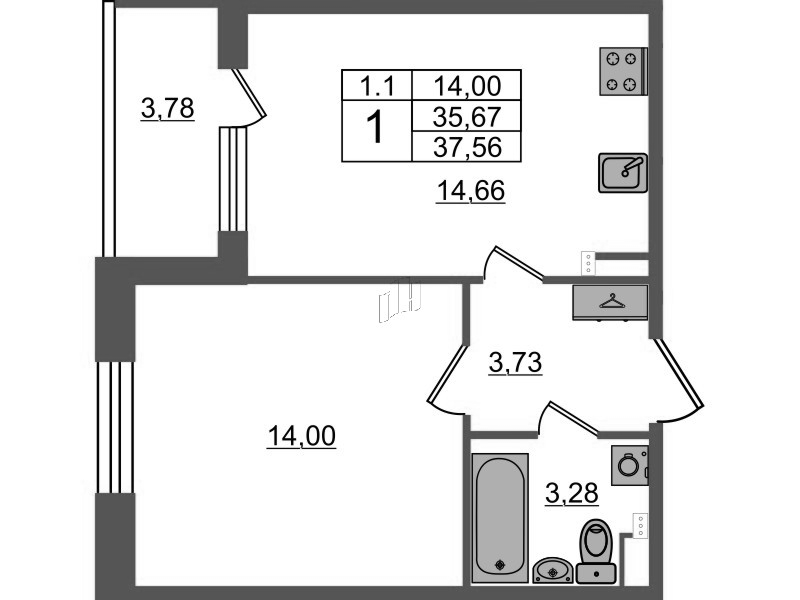 1 ккв 35,7 м²
