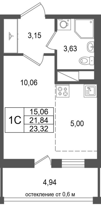 Студия 21,8 м²