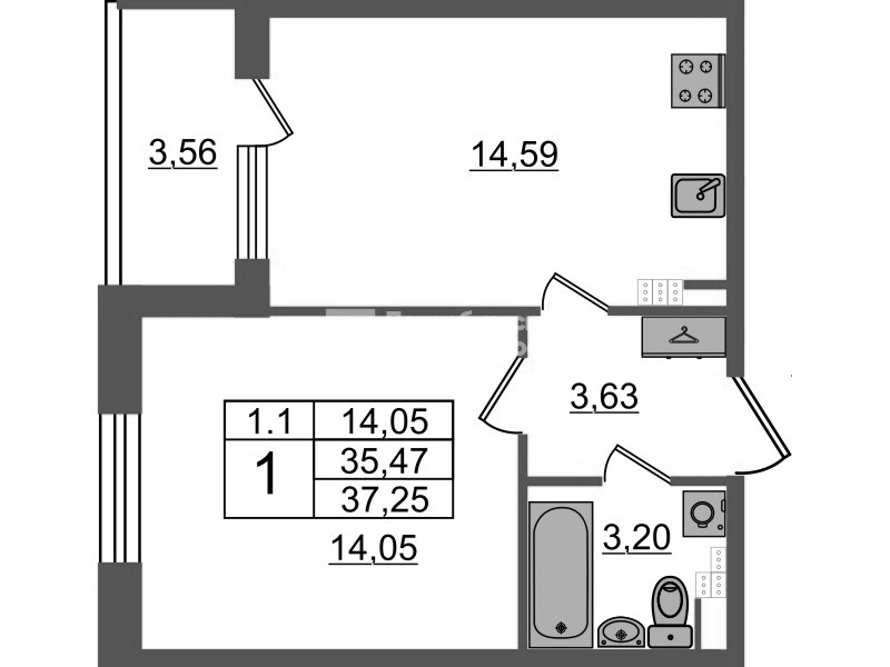 1 ккв 35,5 м²