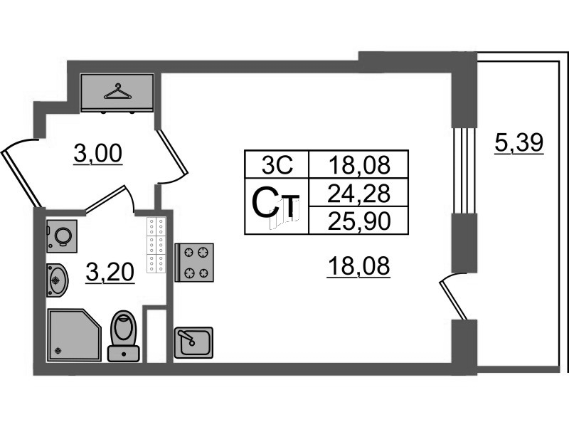 Студия 24,3 м²