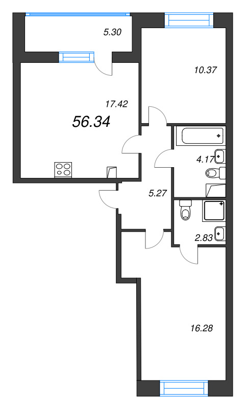 3 ккв (Евро) 56,3 м²