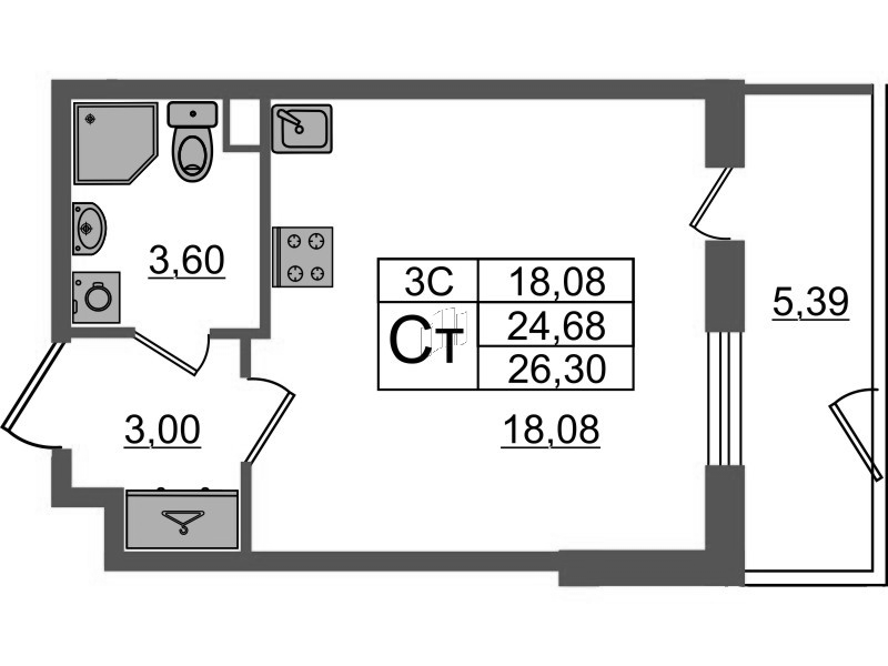 Студия 24,7 м²