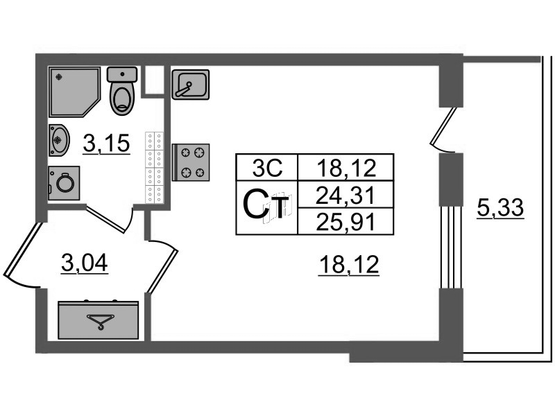 Студия 24,3 м²