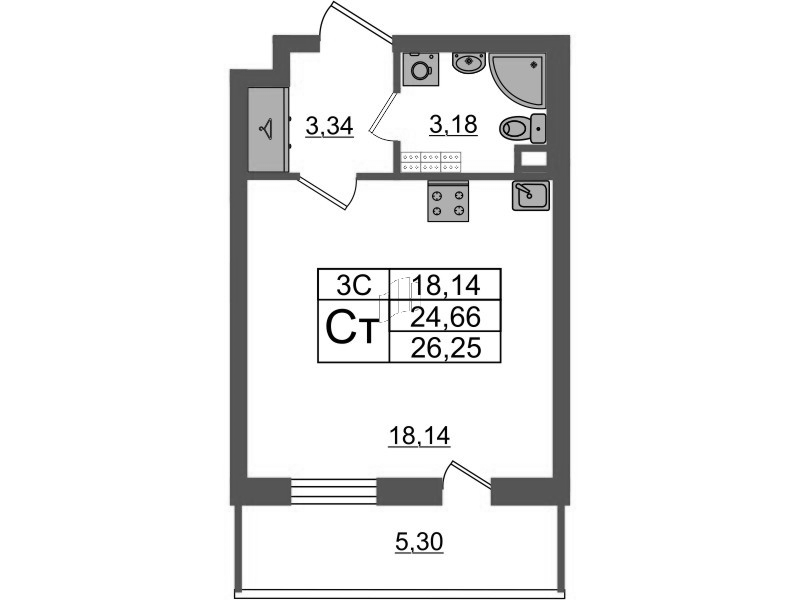 Студия 24,7 м²