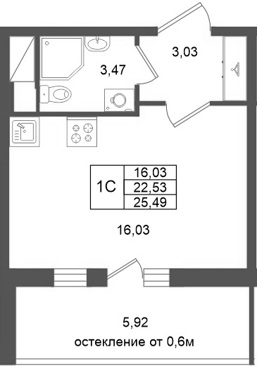 Студия 22,5 м²