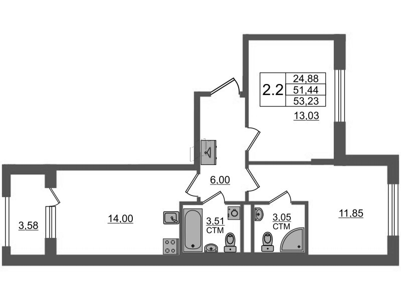 2 ккв 51,4 м²