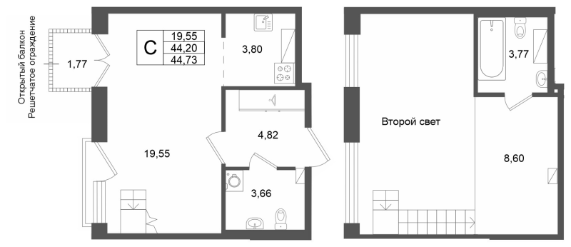 2 ккв (Евро) 44,2 м²
