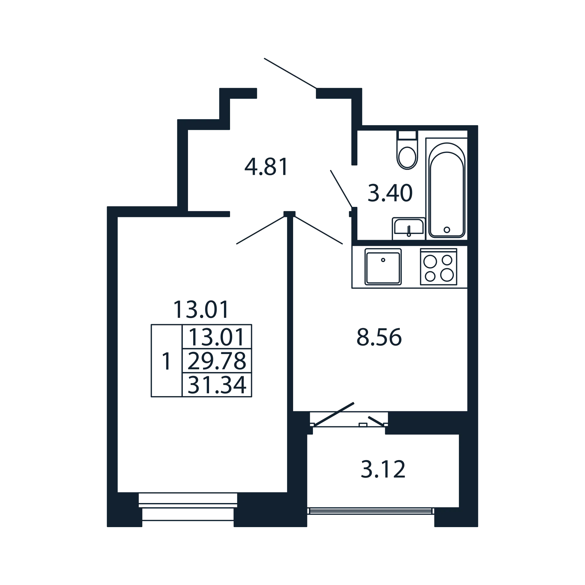 1 ккв 29,8 м²