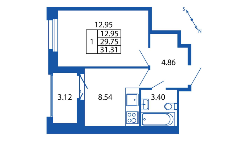 1 ккв 29,8 м²