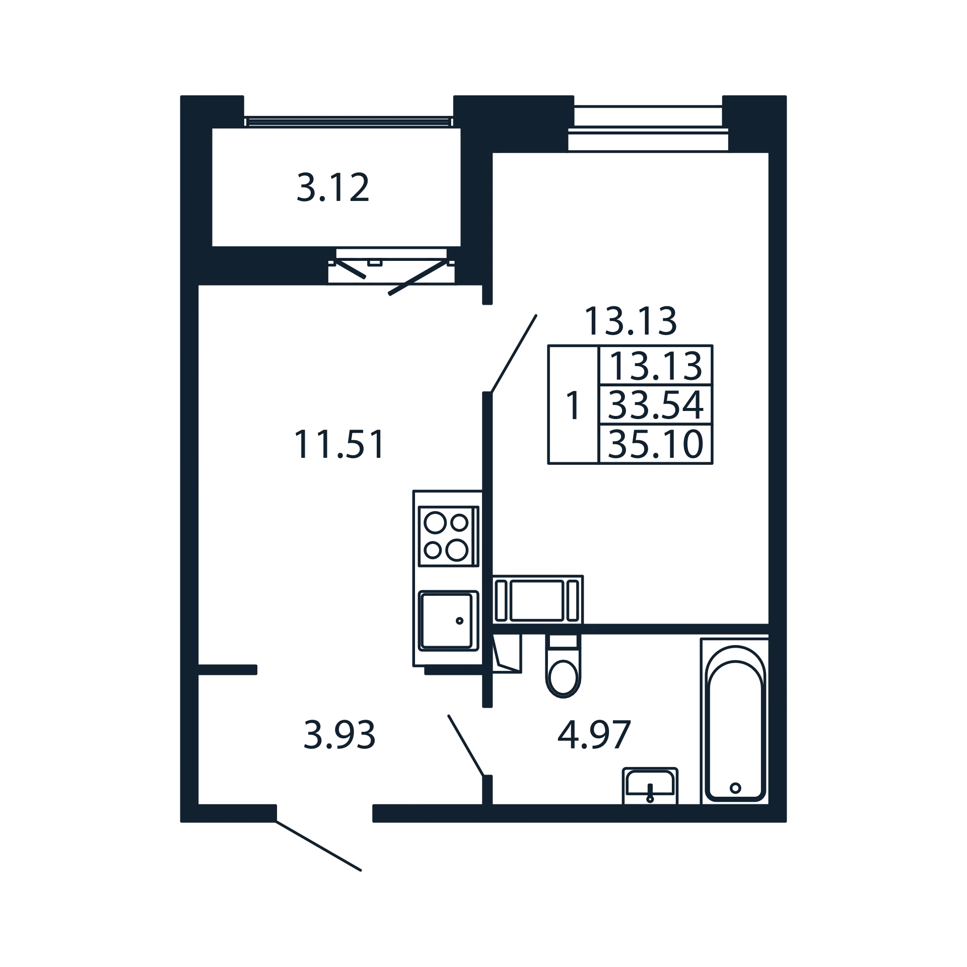 1 ккв 33,5 м²