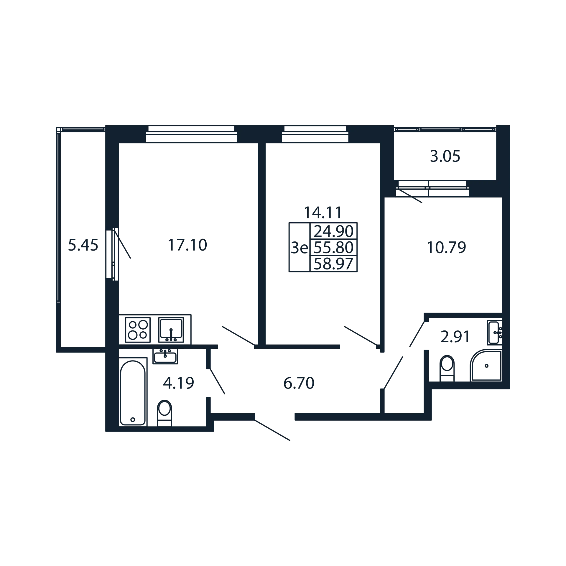 3 ккв (Евро) 55,8 м²