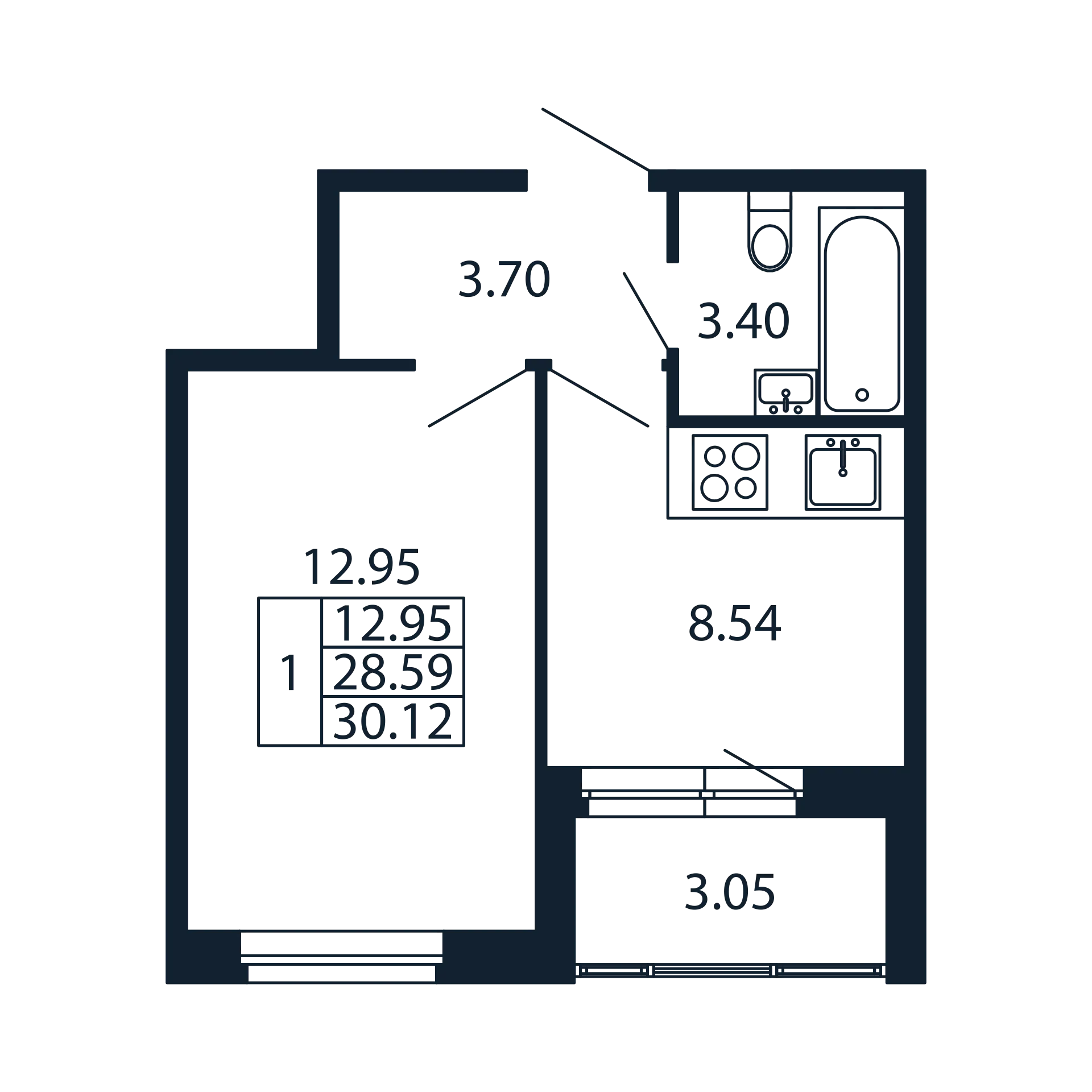 1 ккв 28,6 м²