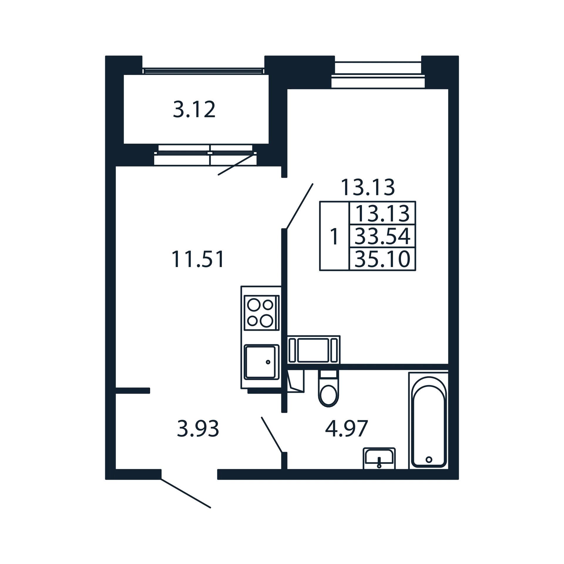 1 ккв 33,5 м²