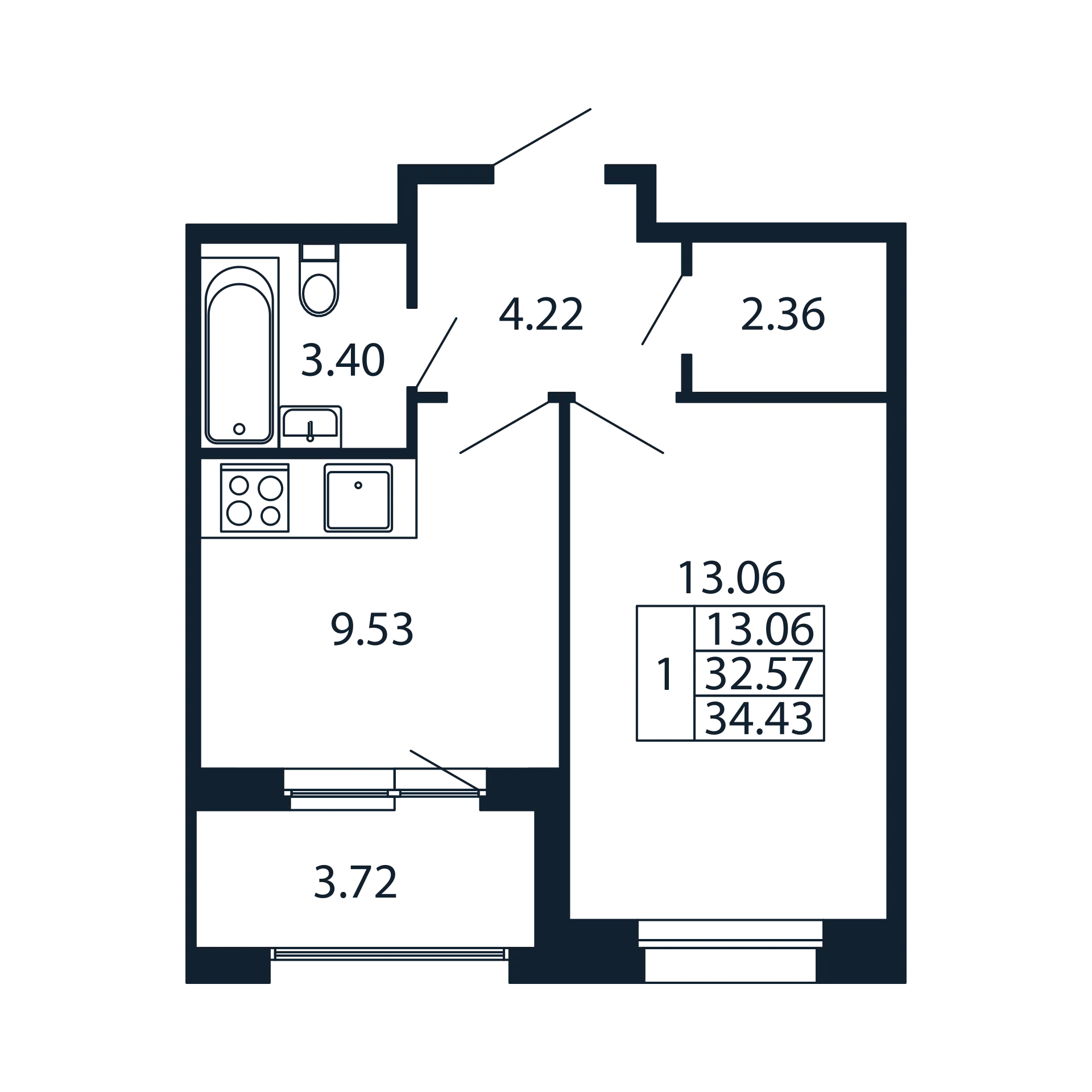 1 ккв 32,6 м²