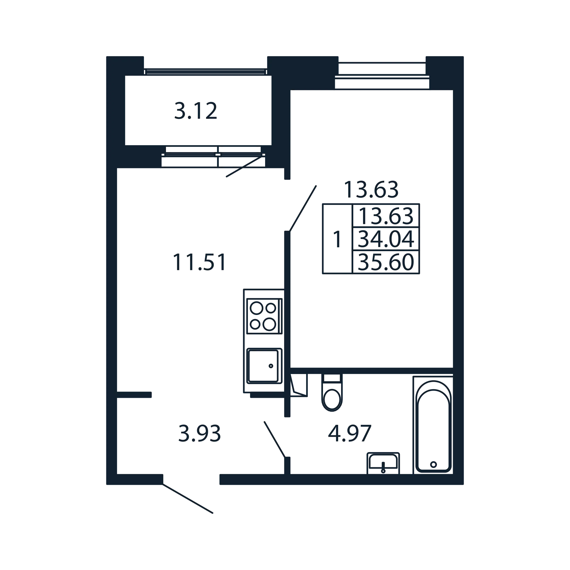 1 ккв 34 м²