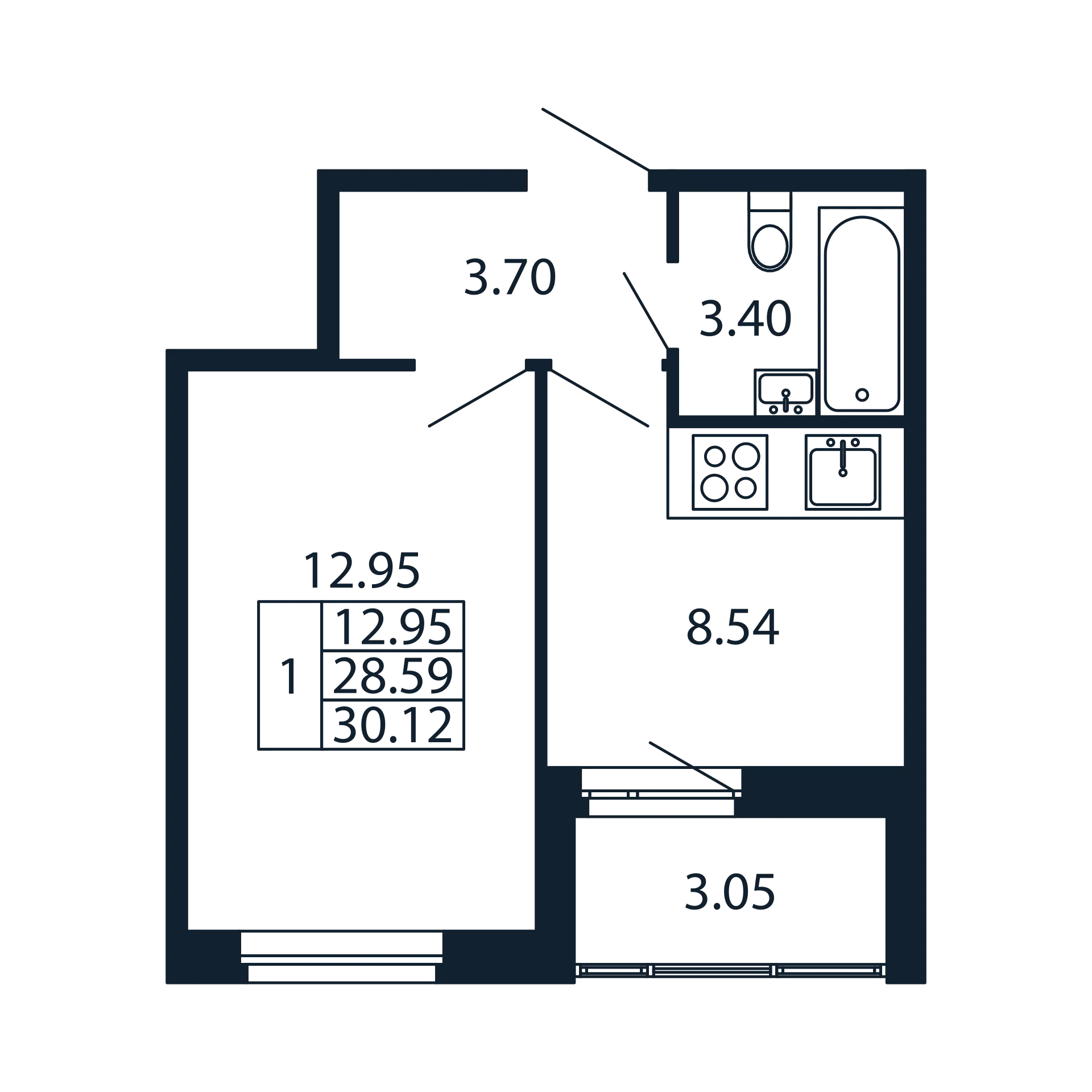 1 ккв 28,6 м²