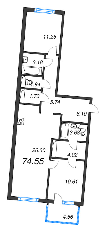 3 ккв (Евро) 74,6 м²