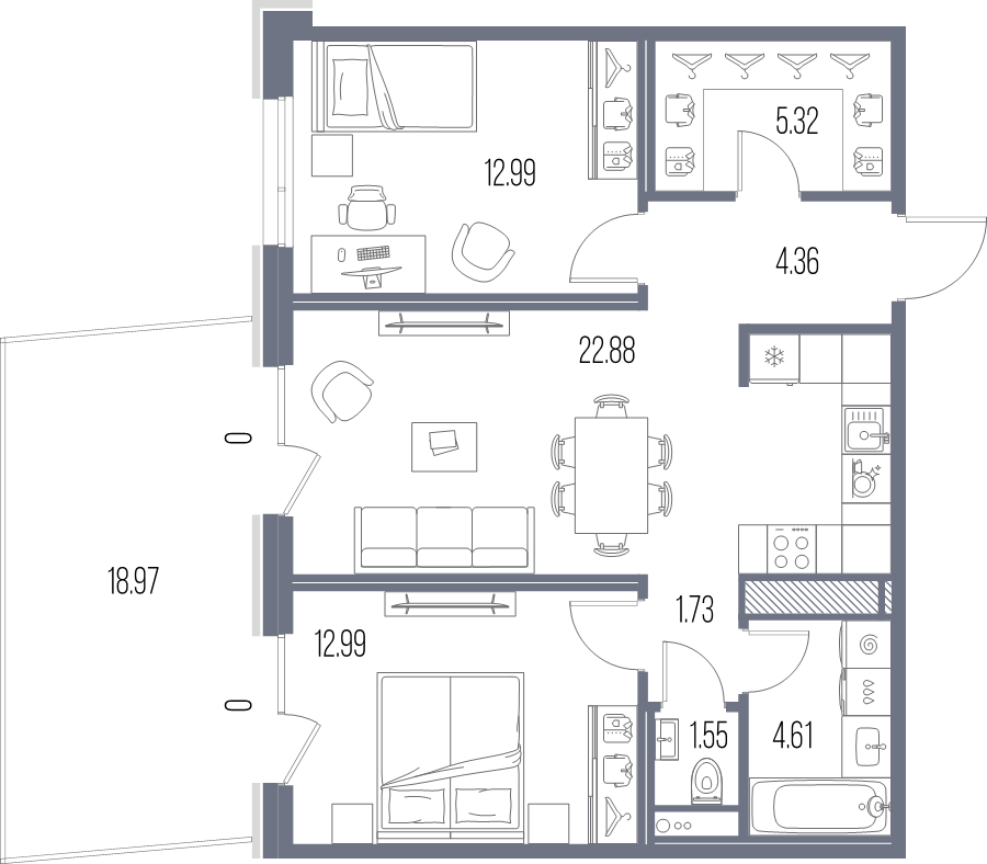 3 ккв (Евро) 66,4 м²