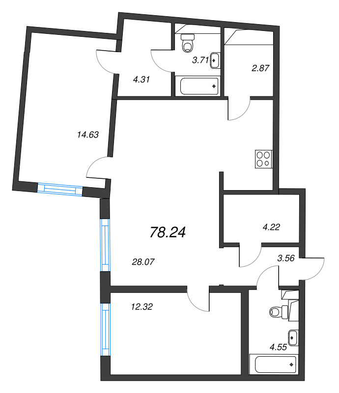 3 ккв (Евро) 78,2 м²